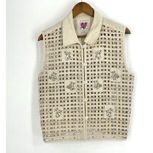 VTG Keren Hart XL Beige Vest Basketweave Patchwork Linen Cottage Teacher Grandma